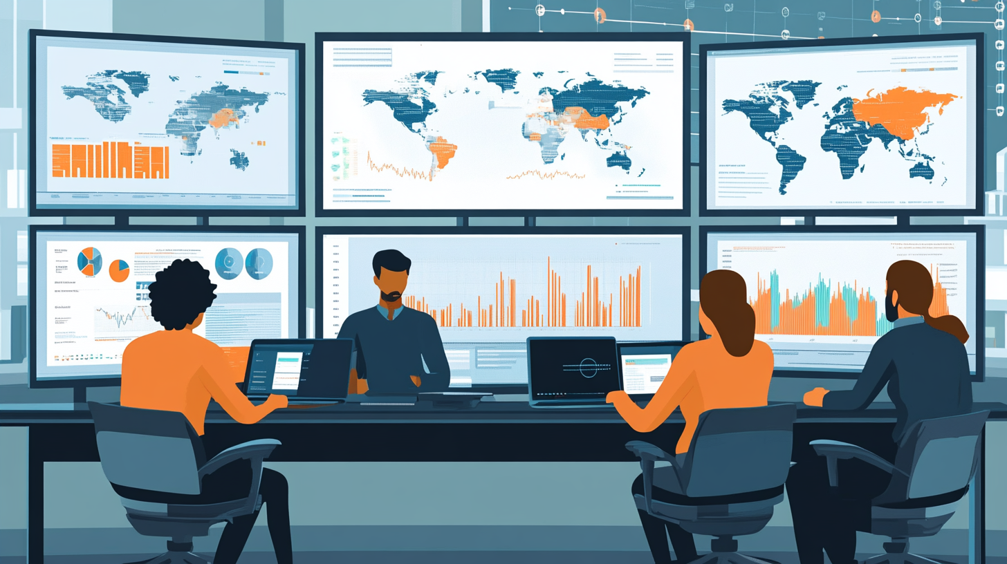 Diverse digital marketing team analyzing website performance data on large screens with charts and global maps in a high-tech office.