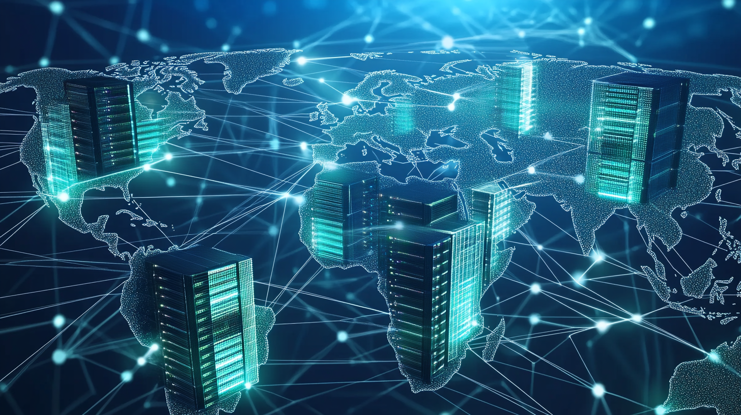 Realistic global network visualization with servers across the world map, illustrating data flow, latency, and website speed.