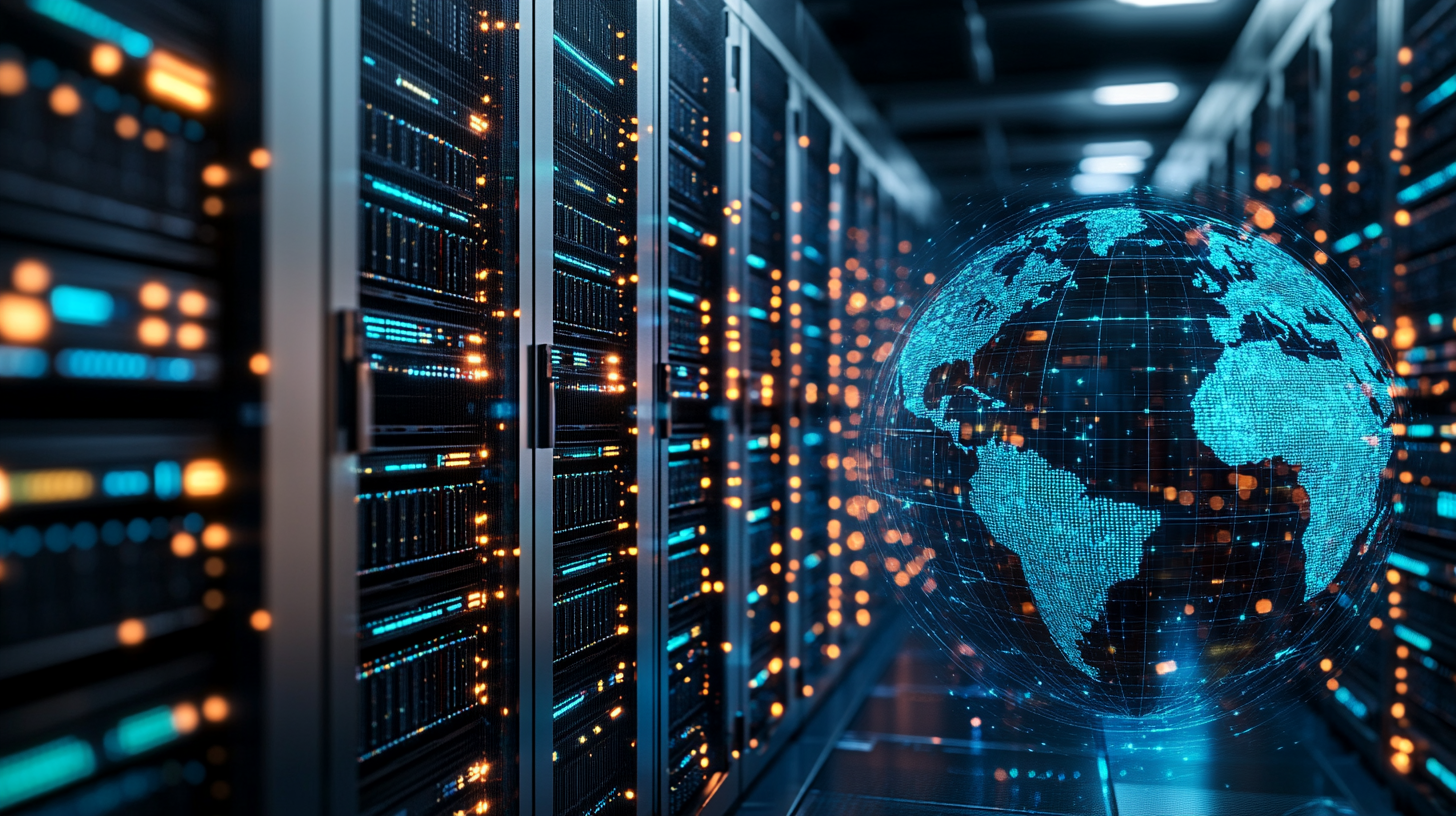 Modern data center with rows of servers, glowing network cables, and a globe overlay highlighting global website replication infrastructure.