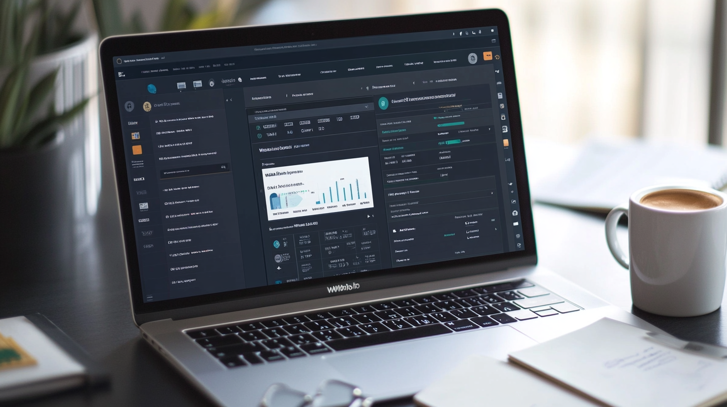 Close-up of a laptop screen showing a WordPress dashboard with speed optimization plugins, in a professional workspace with coffee and notes.