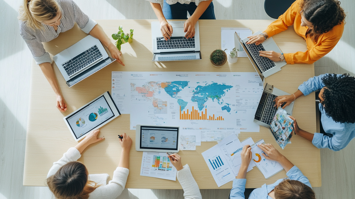 Overhead view of a digital marketing team collaborating around a table with laptops and tablets displaying SEO analytics and global maps for international SEO strategy.