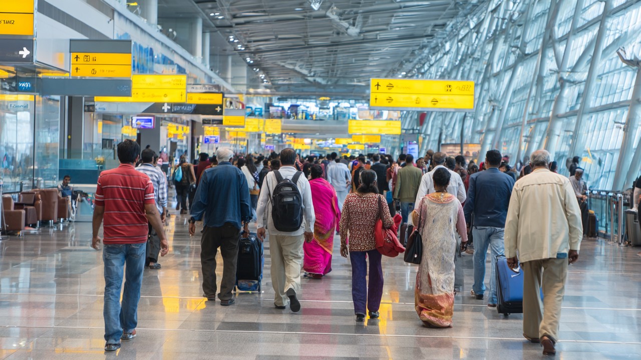 Busy international airport terminal in India with diverse travelers, including patients with family, highlighting accessibility and connectivity.