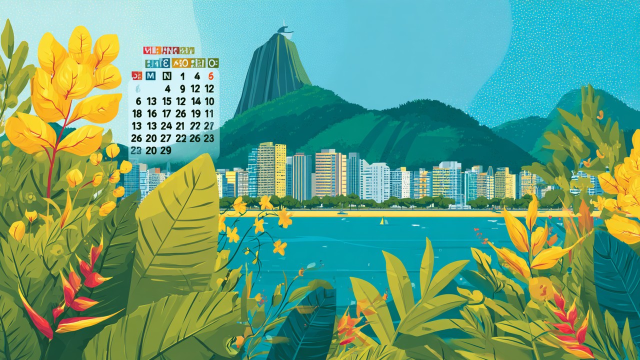Calendar with highlighted months against vibrant Rio de Janeiro urban and natural scenery, for optimal personal care planning timing.