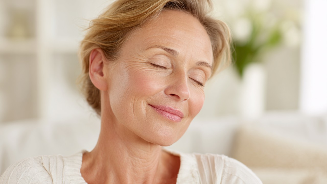 Calm middle-aged person resting at home during early nasal healing, with subtle swelling in a bright, clean living room.