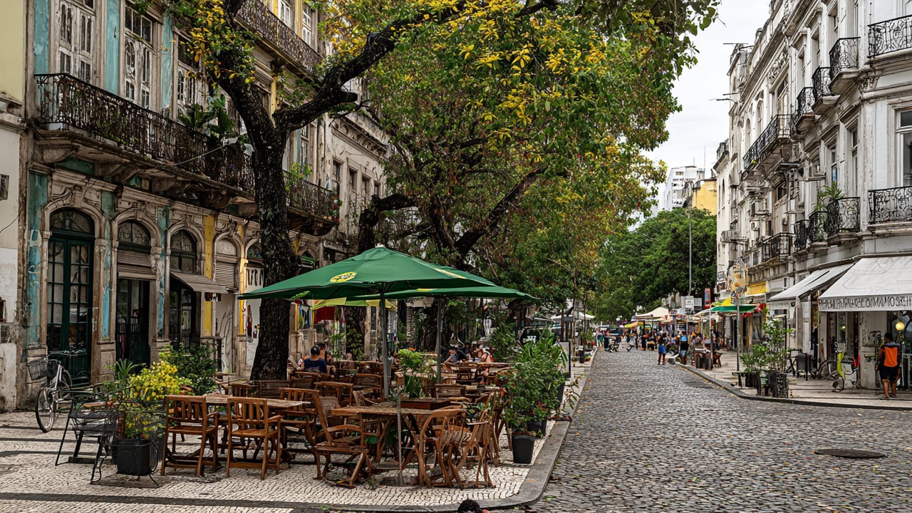 Calm Rio de Janeiro urban scene during off-peak season with empty streets, outdoor cafes, and peaceful city atmosphere.