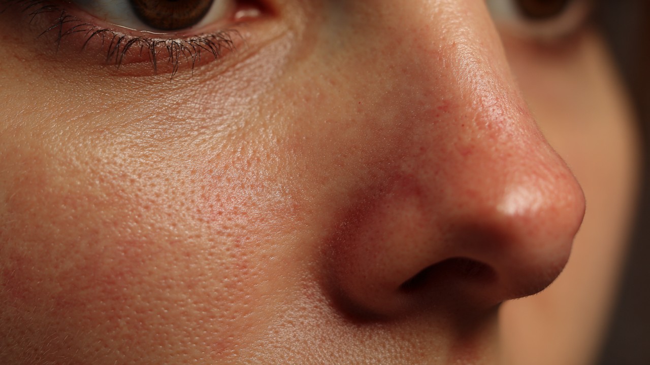 Close-up of a human nose with swelling and subtle bruising, showing fluid buildup beneath the skin in a clinical setting.