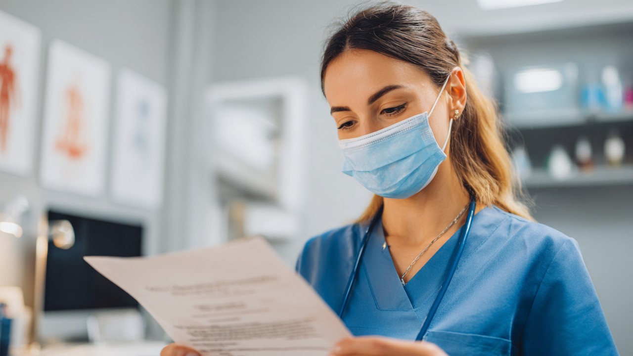 Close-up of a medical specialist in scrubs and mask reviewing accreditation certificates in a clean clinical office, highlighting expertise and trust in aesthetic treatments.