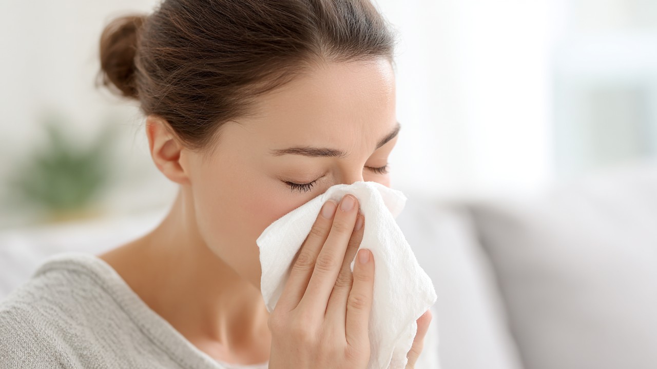Close-up of a person applying a cold compress to their nose for soothing relief during post-operative recovery in a bright, clean room.
