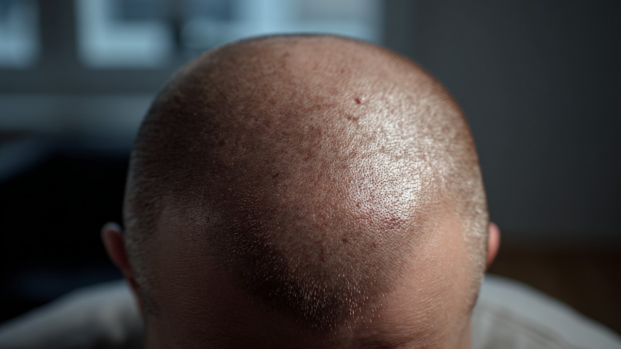 Close-up of a person's scalp after hair transplant showing mild swelling, healing scabs around transplanted follicles, and natural lighting.