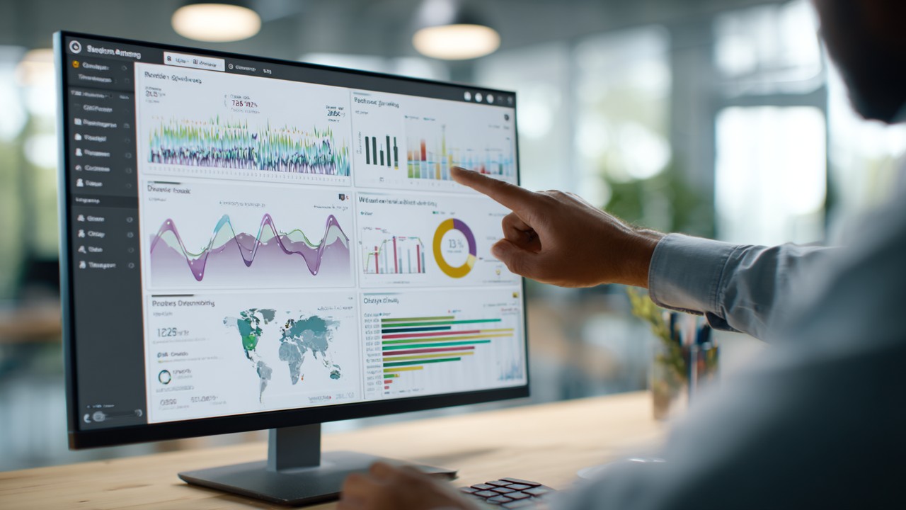 Close-up of a professional analyzing SEO analytics dashboards on a computer screen, showing organic traffic, keywords, and conversion rates for a health travel website in a bright office.