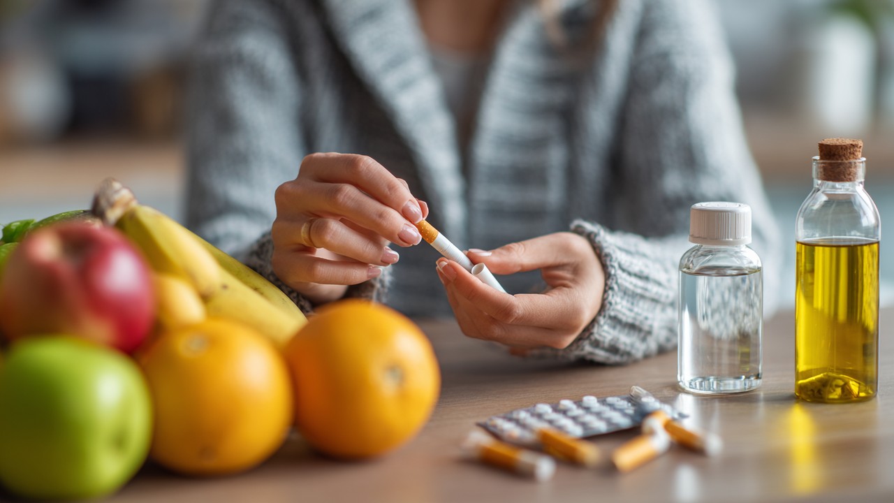 Close-up of hands setting aside cigarettes and alcohol bottles, with fresh fruits and vitamins in the background, symbolizing healthy lifestyle choices and wellness preparation.