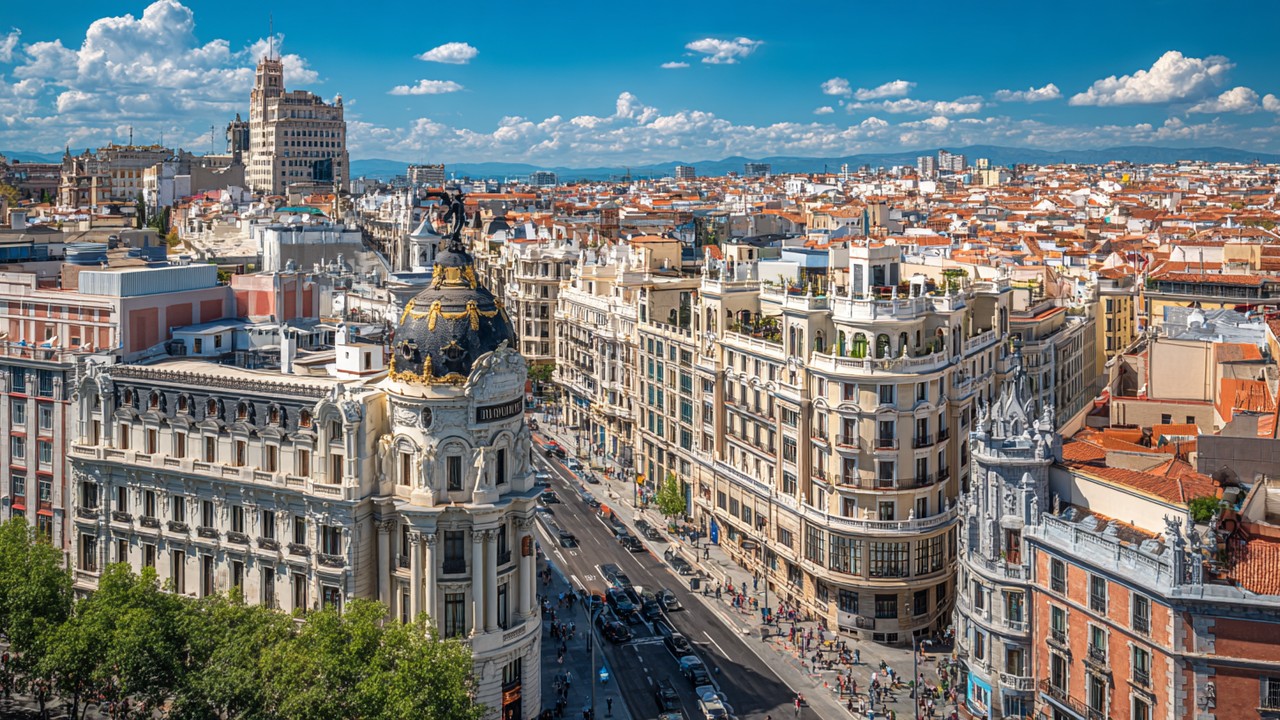 Colorful Madrid or Barcelona cityscape with modern and historic architecture, vibrant atmosphere, showcasing Spain as a top travel and medical tourism destination.