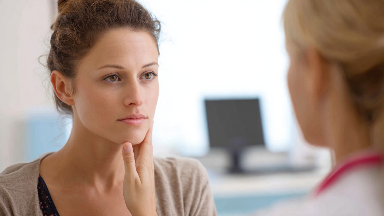 Concerned patient consulting with a medical professional about nasal health in a bright examination room, emphasizing medical care and communication.