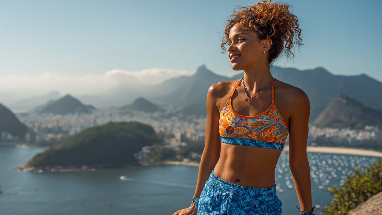 Confident, healthy individual enjoying a scenic viewpoint overlooking Rio de Janeiro, symbolizing personal renewal and self-confidence.