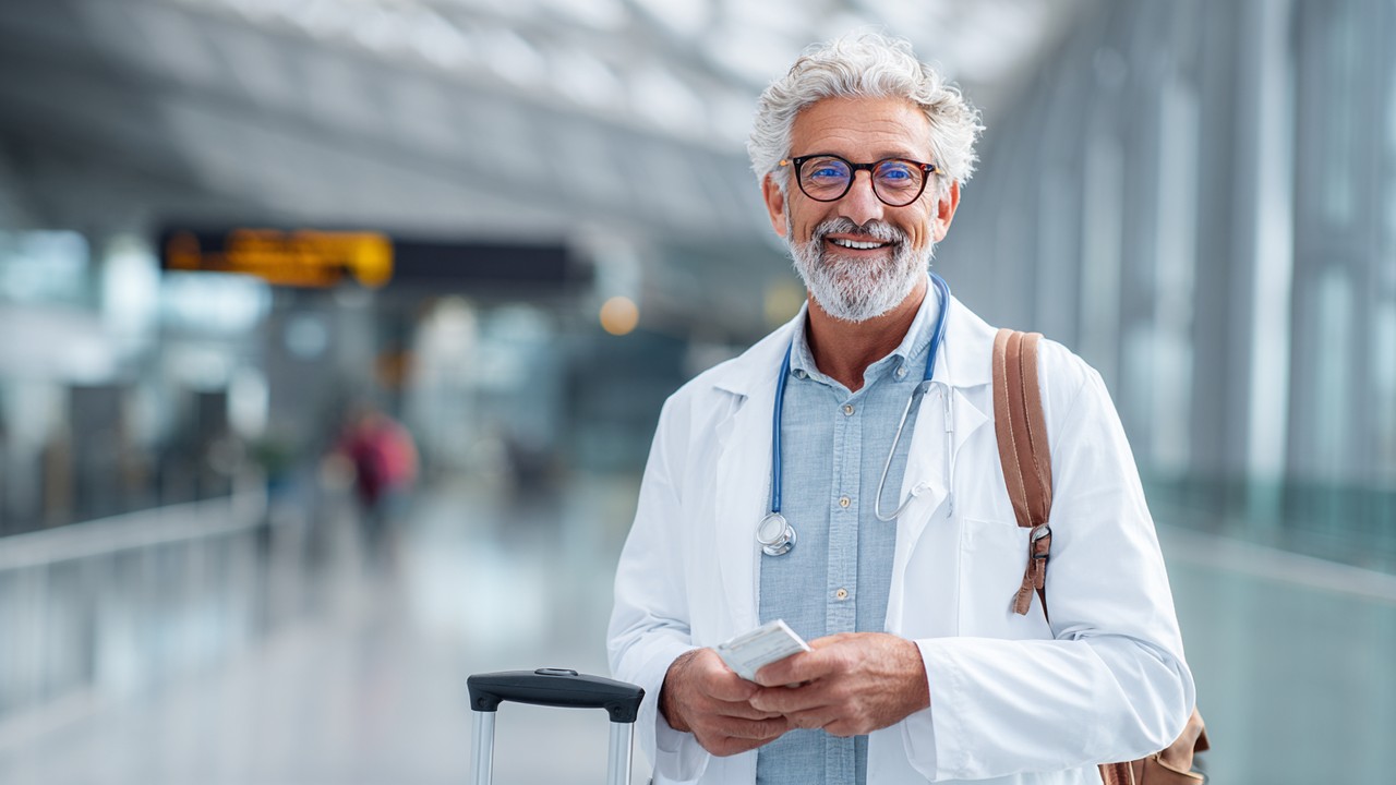 Confident traveler with medical travel kit and vaccination records preparing for journey at airport, symbolizing informed medical travel readiness.