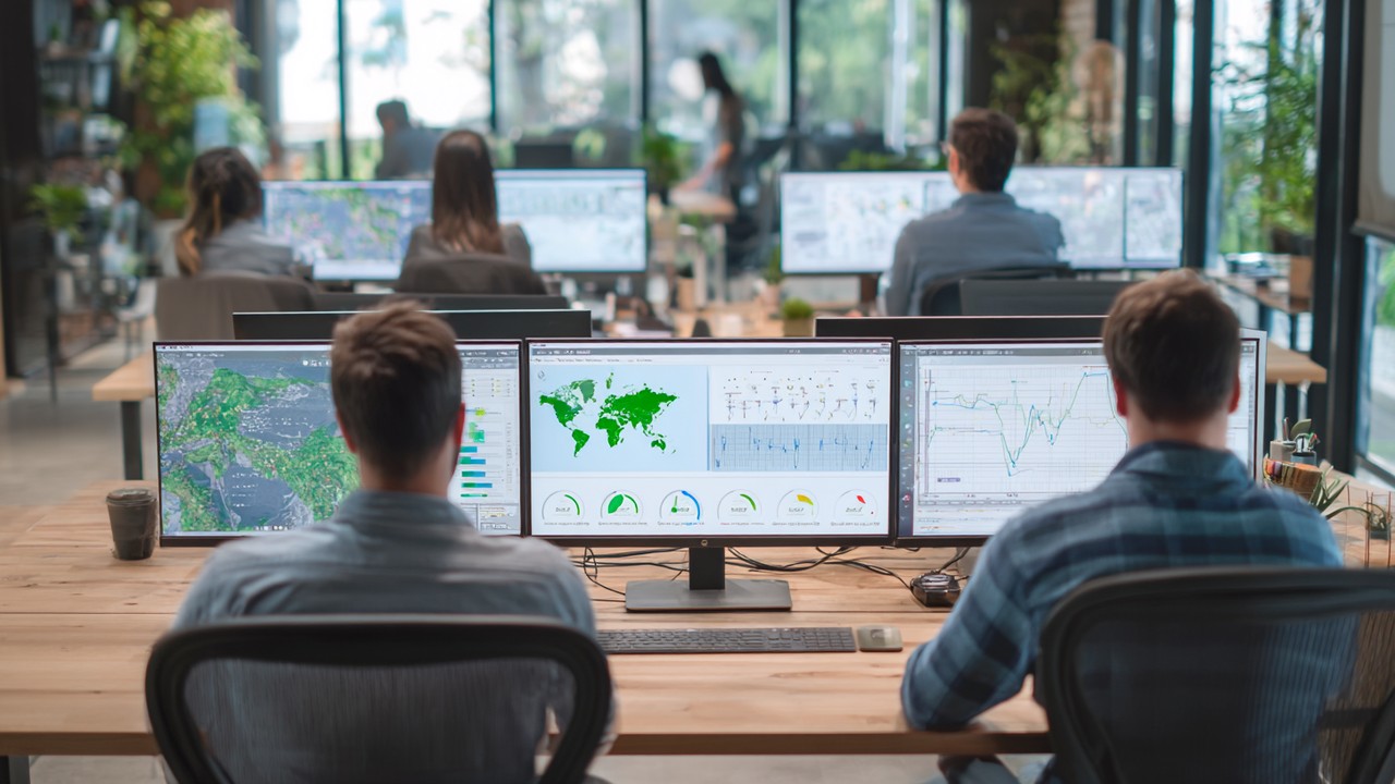 Digital marketing team analyzing website performance data on multiple screens with global maps and speed metrics in a modern, collaborative office environment.