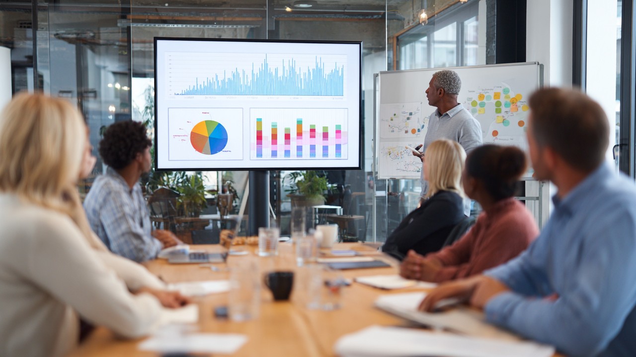 Diverse health travel marketers analyzing SEO data on a large screen in a modern office, focusing on long-tail keywords for wellness travel.