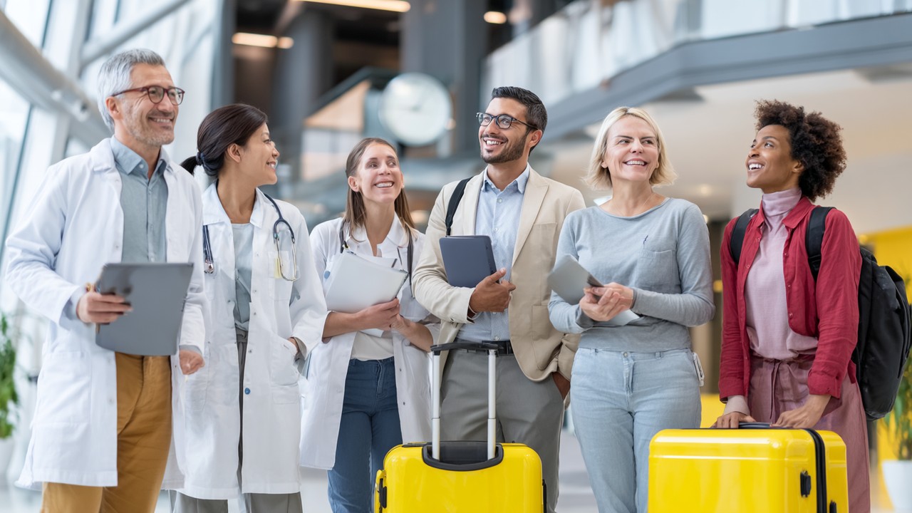 Diverse international patients consulting with medical professionals in a modern hospital lobby, highlighting global healthcare and heart health services.