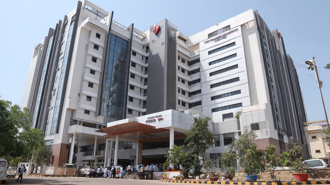 Exterior view of a modern cardiac care hospital in an Indian city with busy entrance, advanced architecture, and heart institute signage.