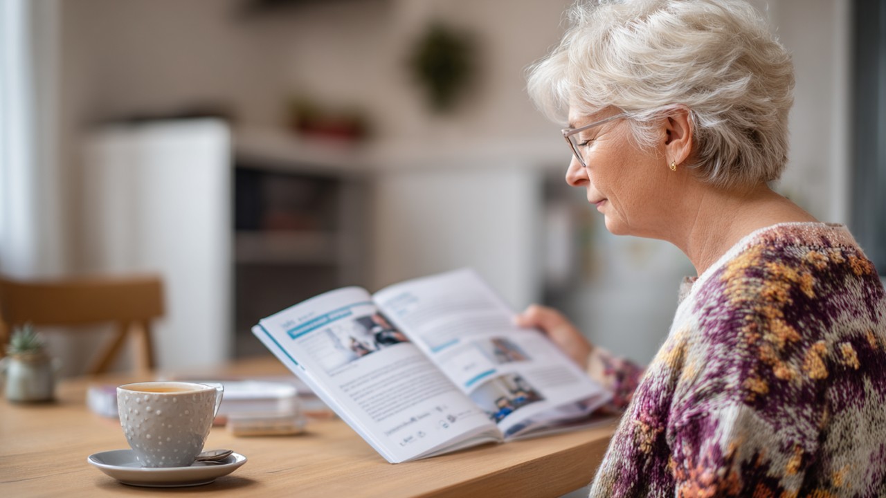 German patient reading medical travel brochures at home desk with tea, conveying trust and preparation for healthcare abroad.