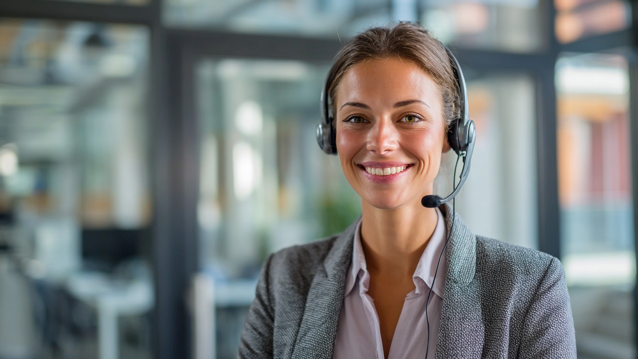 German-speaking customer service representative wearing a headset, smiling during a video call in a modern office setting, providing support.