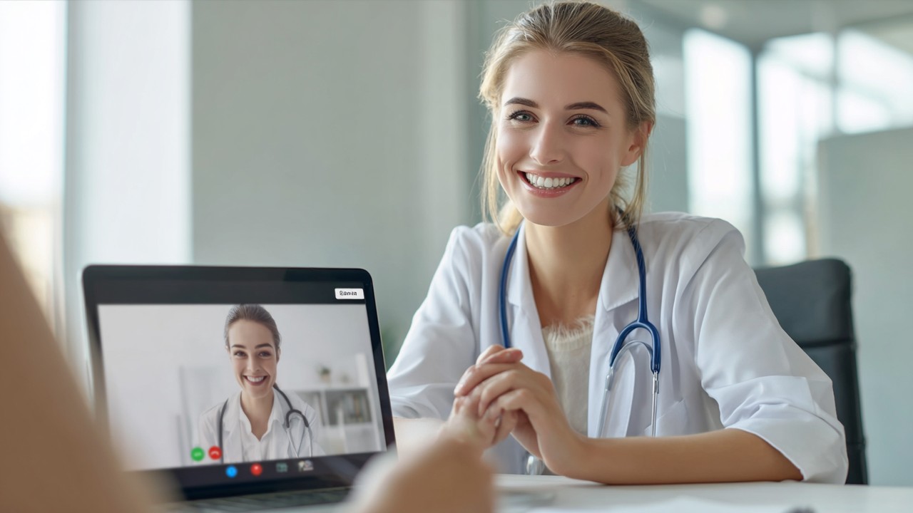 Healthcare professional smiling during a virtual consultation with an international patient on a laptop in a bright office environment, emphasizing trust.