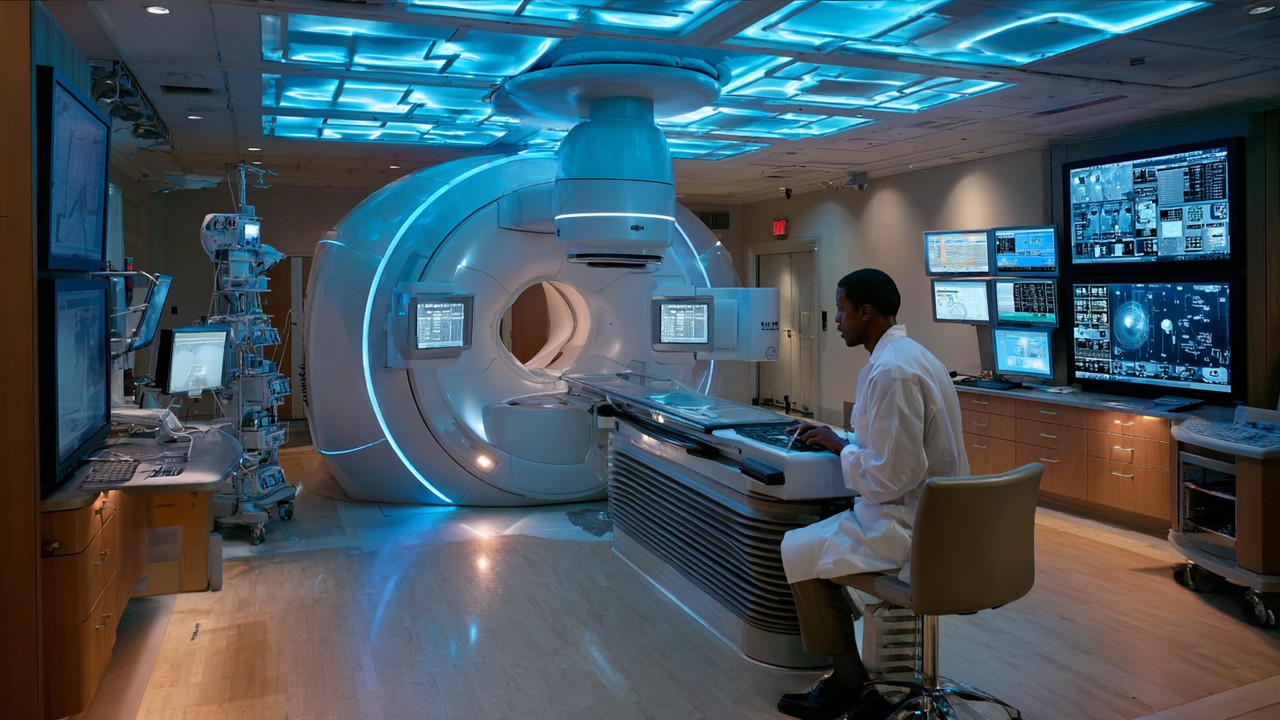 High-tech cancer treatment room with advanced radiotherapy equipment, oncologist preparing patient-centered care.