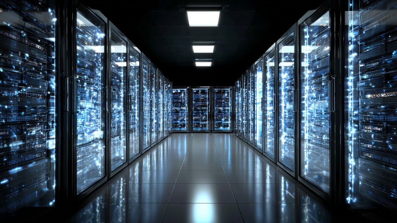 High-tech server room with racks of servers and network equipment illuminated by blue lighting, showcasing advanced data infrastructure.
