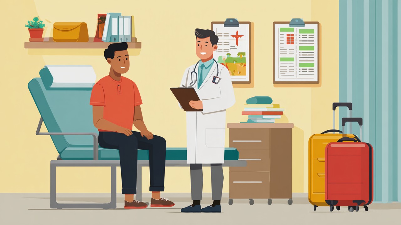 Hospital consultation with healthcare professional discussing vaccinations, medical charts, and travel health planning.
