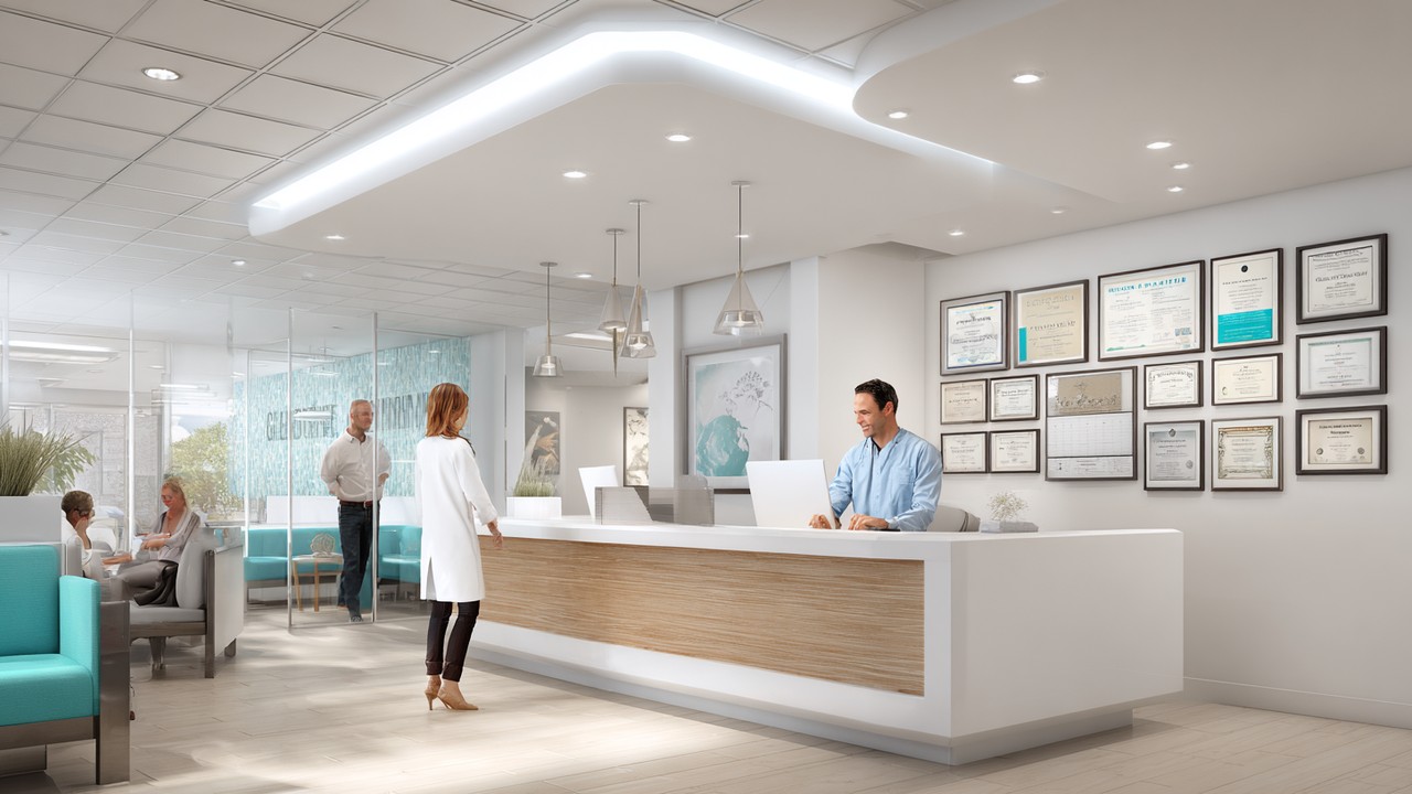 Image of a medical clinic reception area with certifications on the wall, showing a friendly healthcare professional consulting a patient in a clean, professional environment.