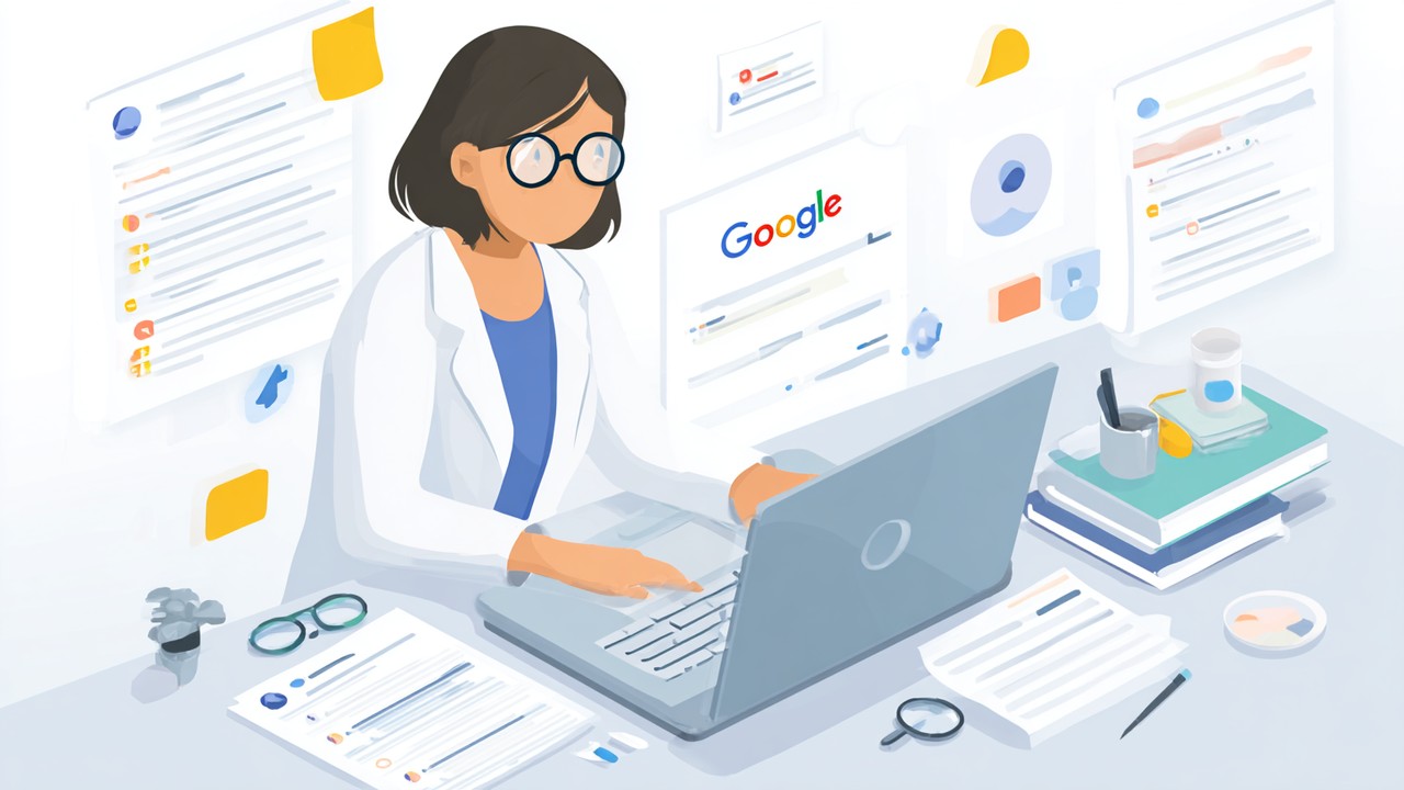 ภาพมืออาชีพด้านการตลาดตั้งค่ากาแคมเปญ Google Ads บนแล็ปท็อป พร้อมโน้ตและข้อมูลคำค้นหาเกี่ยวกับการโฆษณาการท่องเที่ยวด้านสุขภาพ