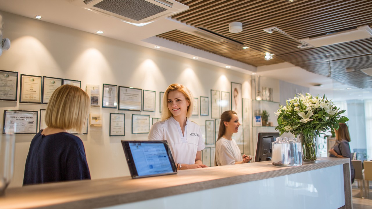 Modern aesthetic clinic reception in Lithuania with friendly staff, certificates on walls, and a client consulting a healthcare professional.