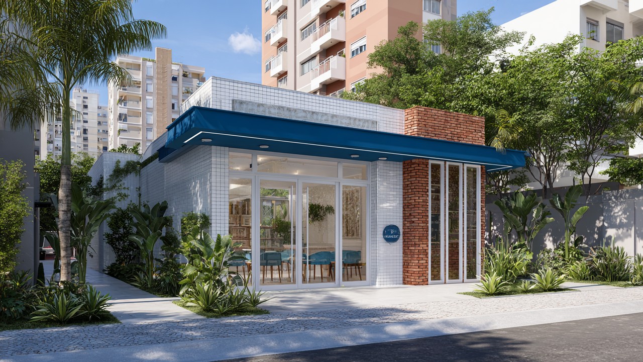 Modern Brazilian aesthetic clinic exterior with tropical plants, bright daylight, and welcoming design elements in an urban setting.