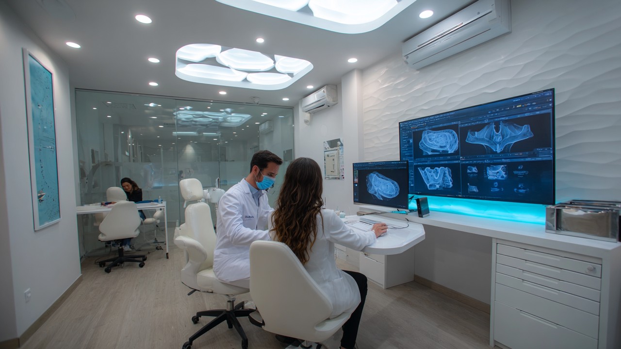Moderne medische kliniek in Turkije met consultatiekamer voor rhinoplastie, patiënt en chirurg bekijken 3D-neusbeeld op scherm.