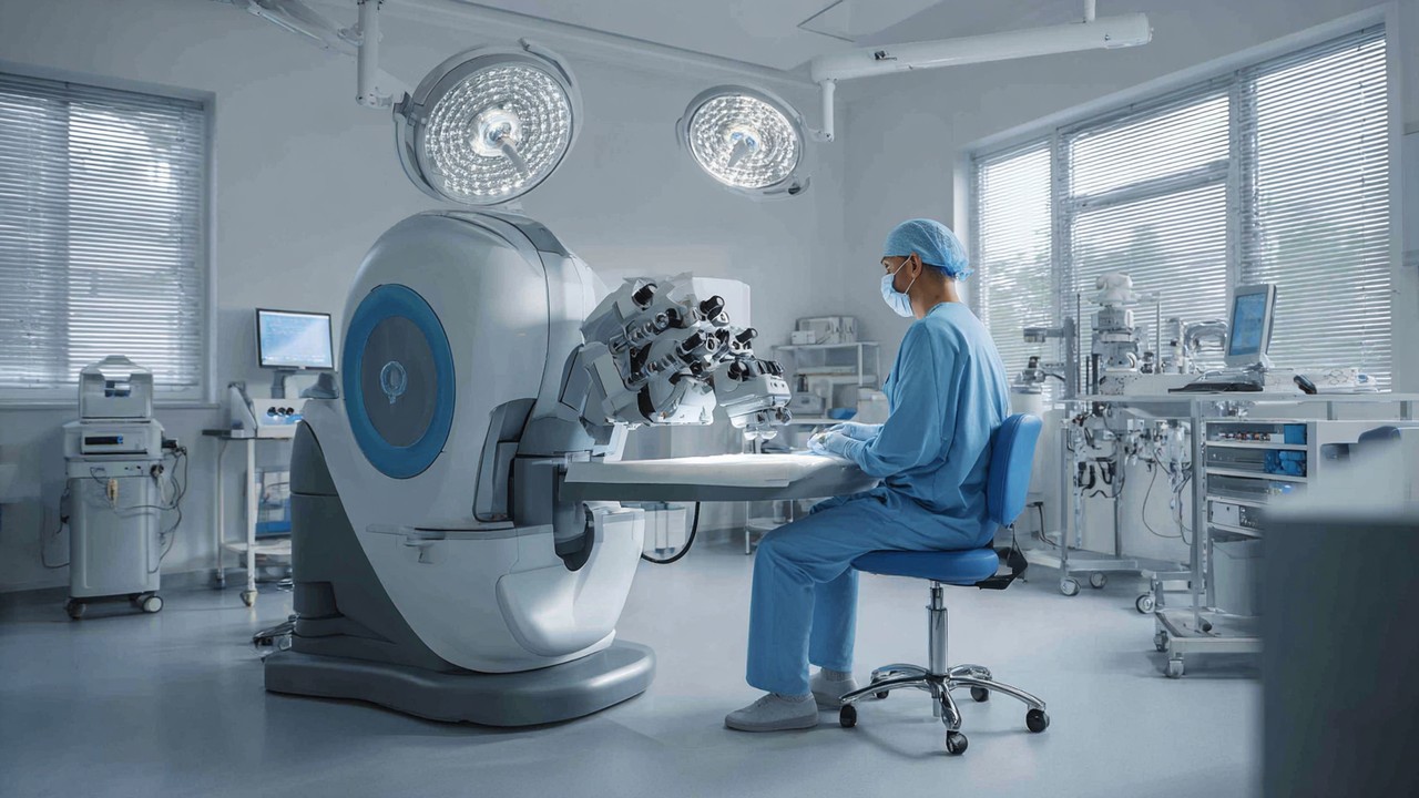 Modern medical clinic room with advanced hair transplant equipment, surgeon preparing for procedure in a sterile, professional environment.