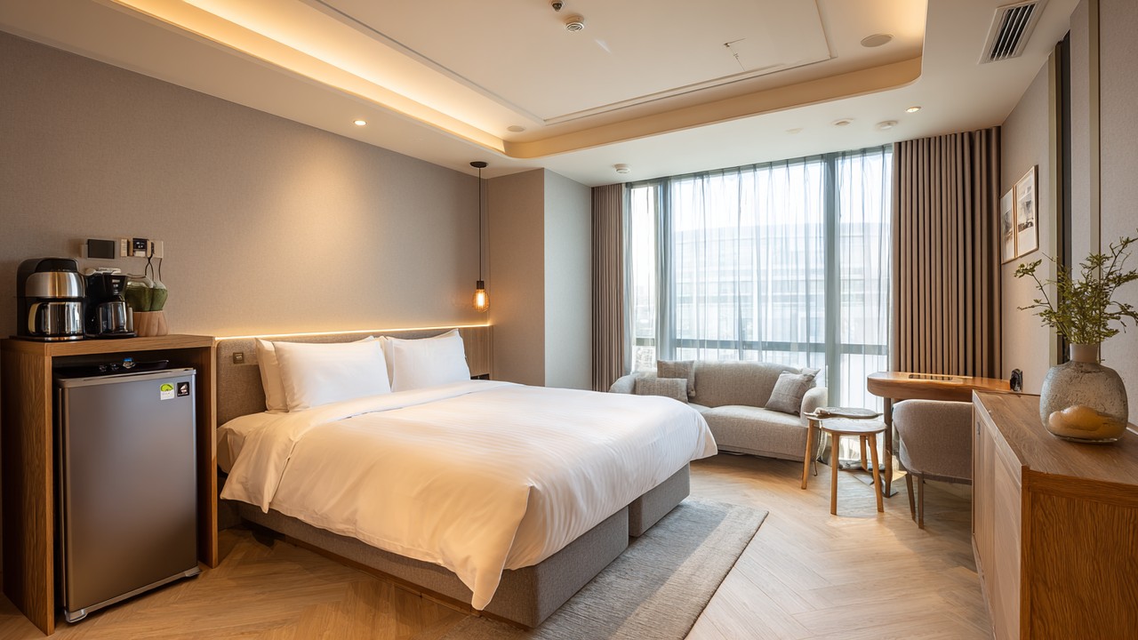 ห้องพักโรงแรมทันสมัยในเกาหลีใต้สำหรับนักท่องเที่ยวด้านการแพทย์ พร้อมเตียงนุ่มนวล โต๊ะเล็กและตู้เย็นสะอาด