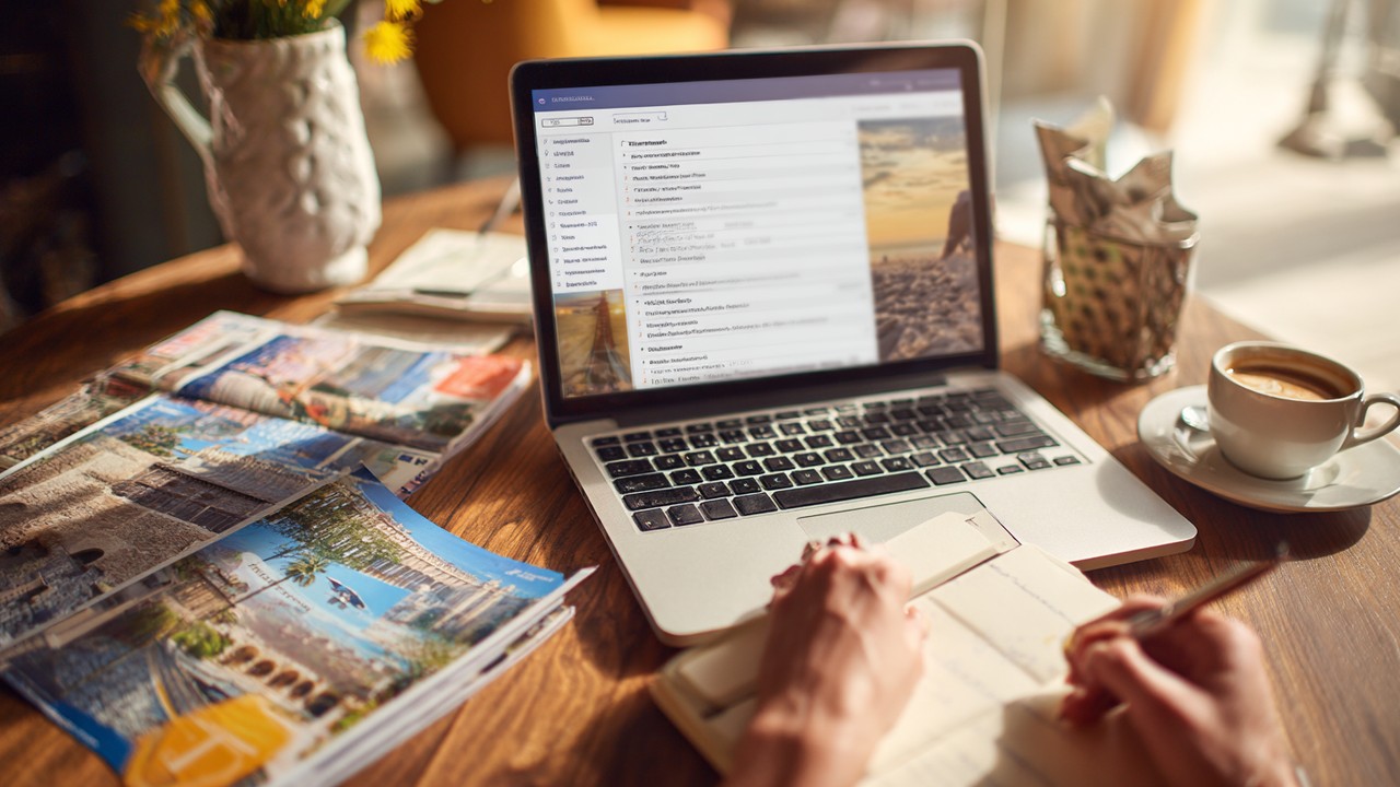 Organized workspace with laptop displaying health travel long-tail keywords, person taking notes, surrounded by travel brochures and coffee for wellness retreats and medical tourism research.