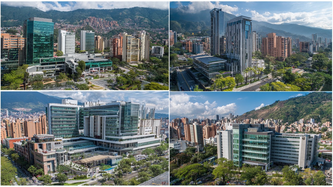 Panoramic collage of Colombian cities Bogotá, Medellín, Cali, and Barranquilla with modern hospital buildings, highlighting leading cancer treatment centers.