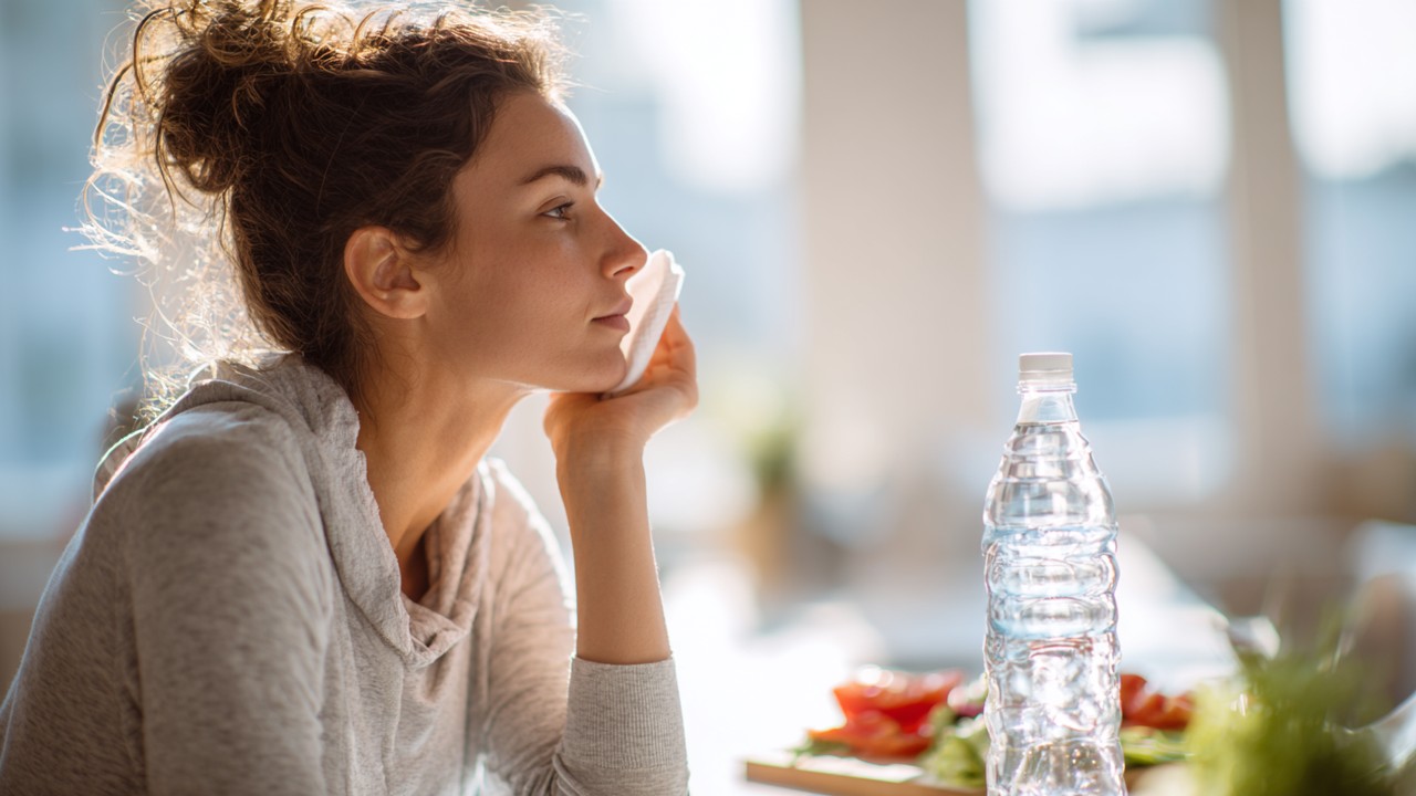 Patient at home practicing postoperative rhinoplasty care, applying cold compress to nose with water bottle and healthy food nearby.