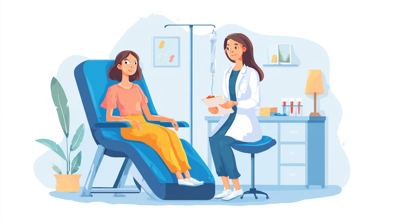 Patient undergoing medical assessment with healthcare professional in a clean, professional clinic setting, reviewing health charts.
