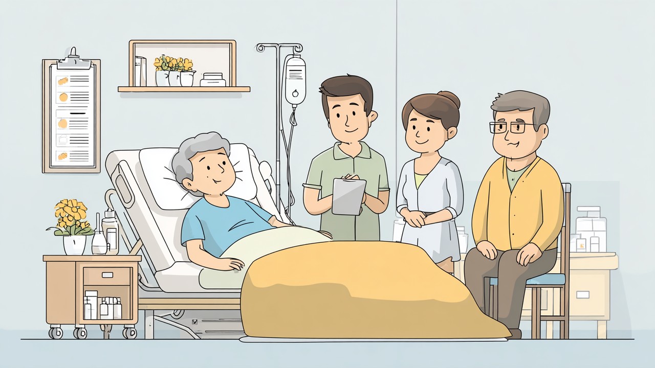 Gambar suasana pemulihan di rumah dengan pesakit beristirahat, keluarga menyokong, dan peralatan perawatan postoperative.
