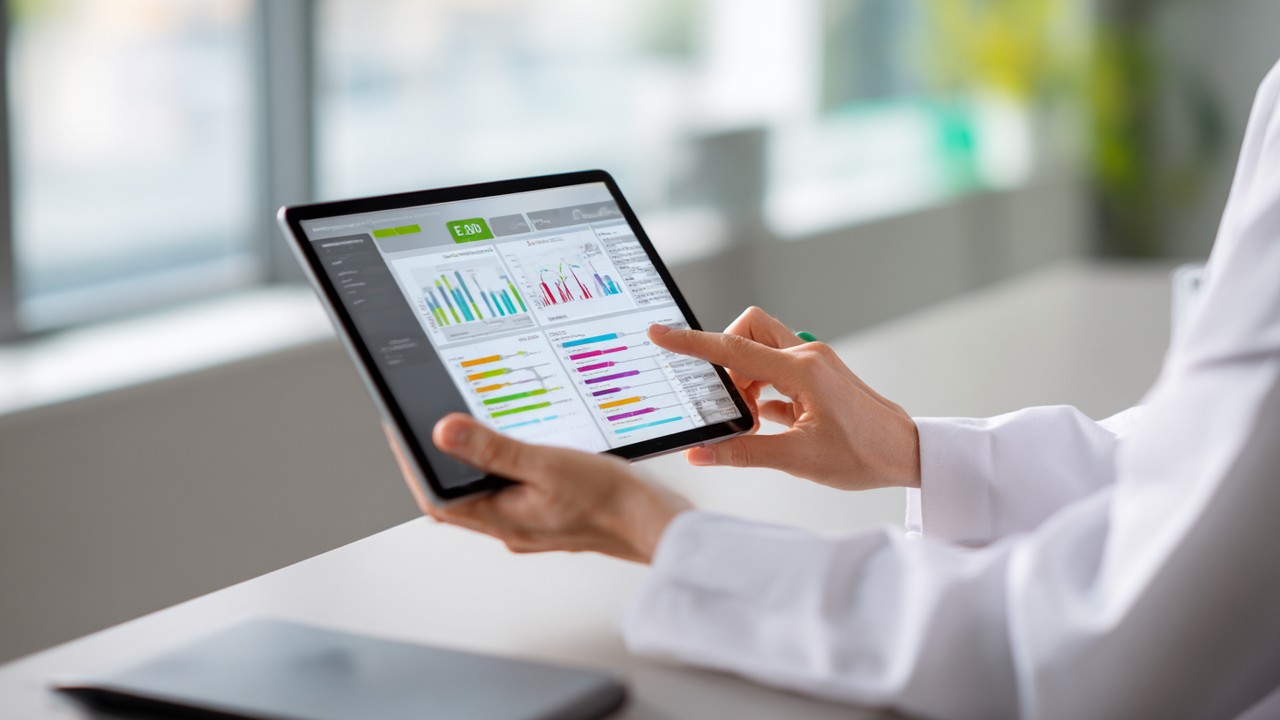 Person reviewing detailed medical treatment cost breakdowns in Euros on a tablet at a clean desk in natural daylight.