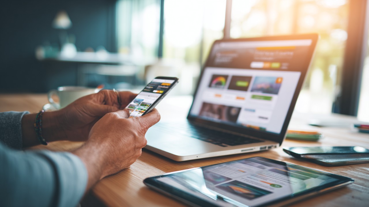 Person testing website speed and responsiveness on smartphone, tablet, and laptop in a bright tech workspace environment.