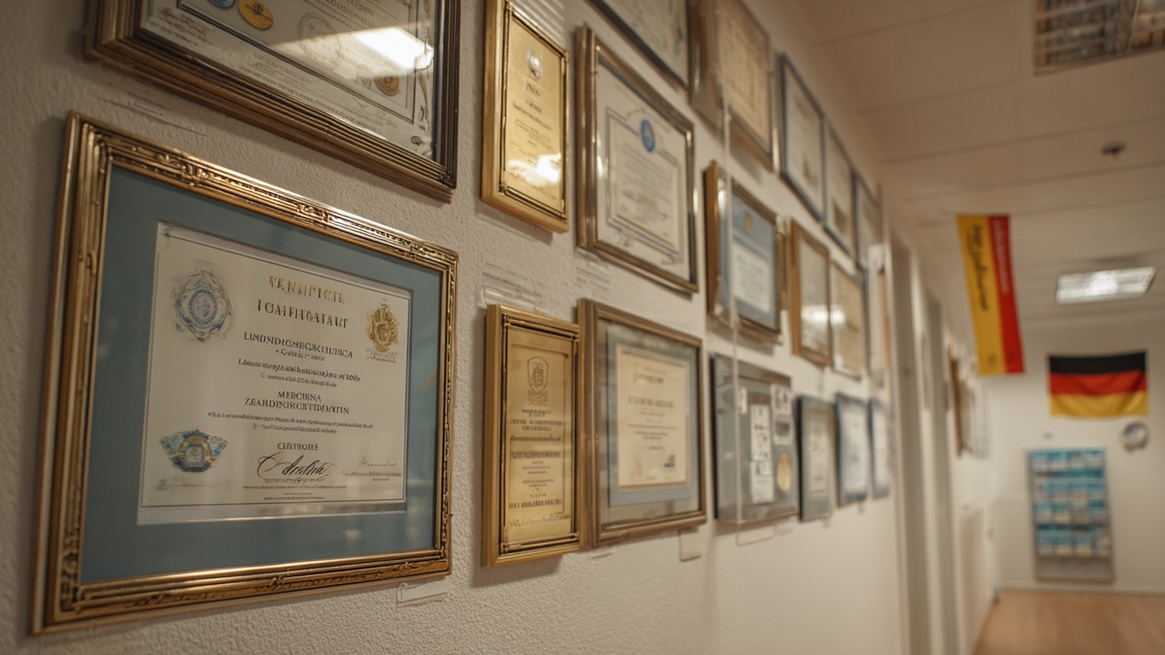 Professional medical facility wall with framed certifications, accreditation plaques, and a subtle German flag symbolizing quality and credibility.
