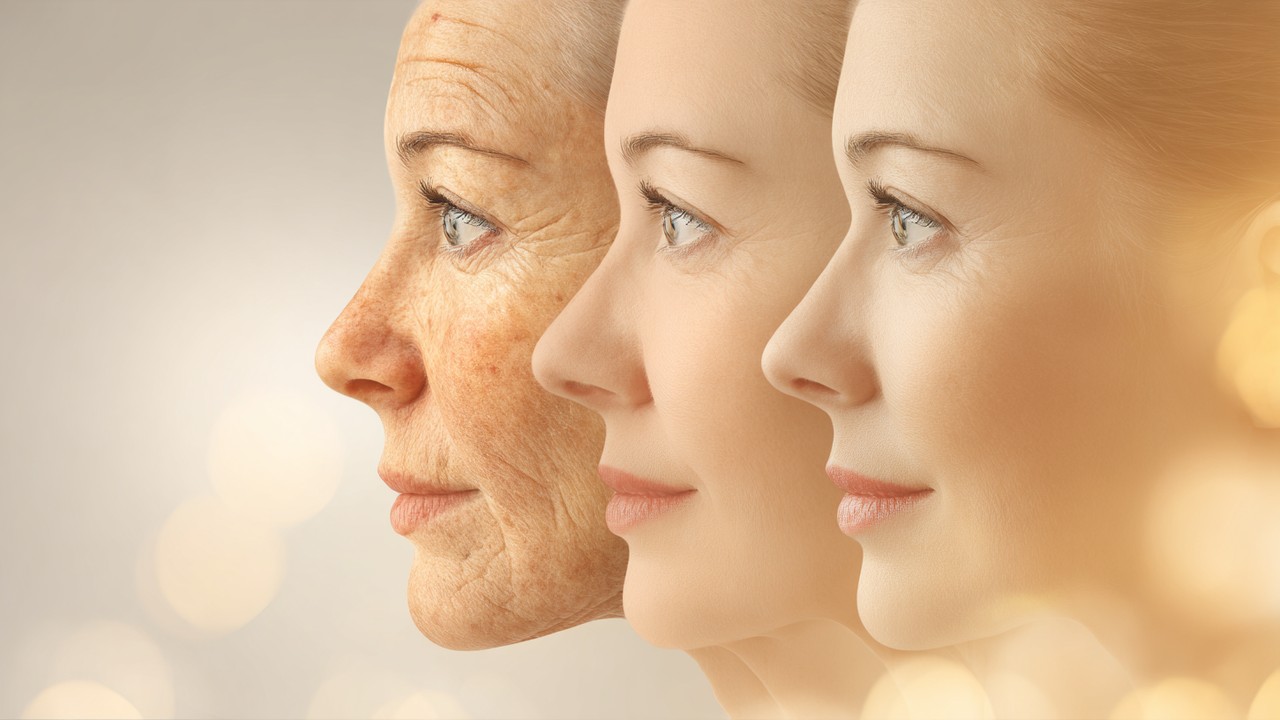 Progression of facial healing showing swelling, bruising, and refined appearance in a medical timeline concept, symbolizing recovery.