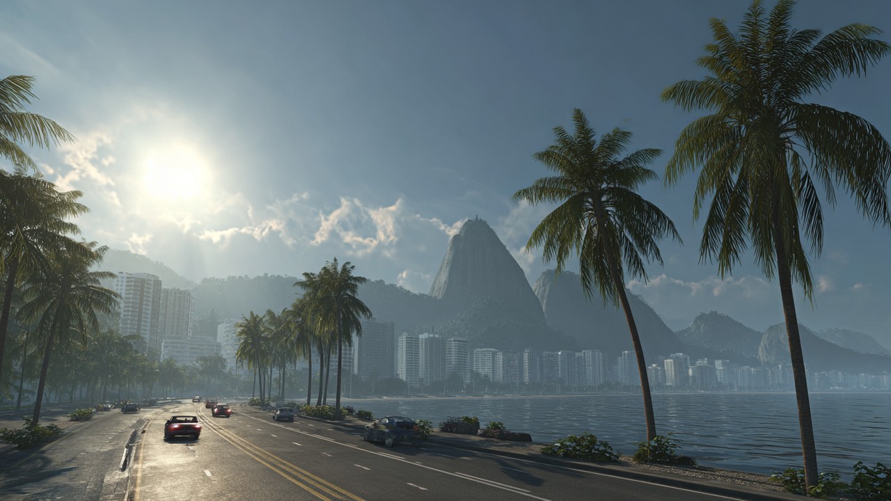 Realistic depiction of Rio de Janeiro's tropical cityscape showing contrasting summer humid sunshine and dry winter clear skies, highlighting seasonal weather patterns.