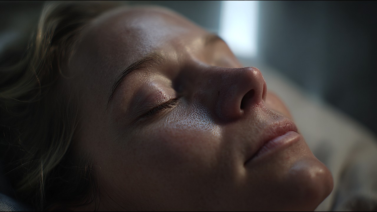 Realistic image of a patient recovering from rhinoplasty with healing bruising and swelling around the nose and eyes in a calm home setting.