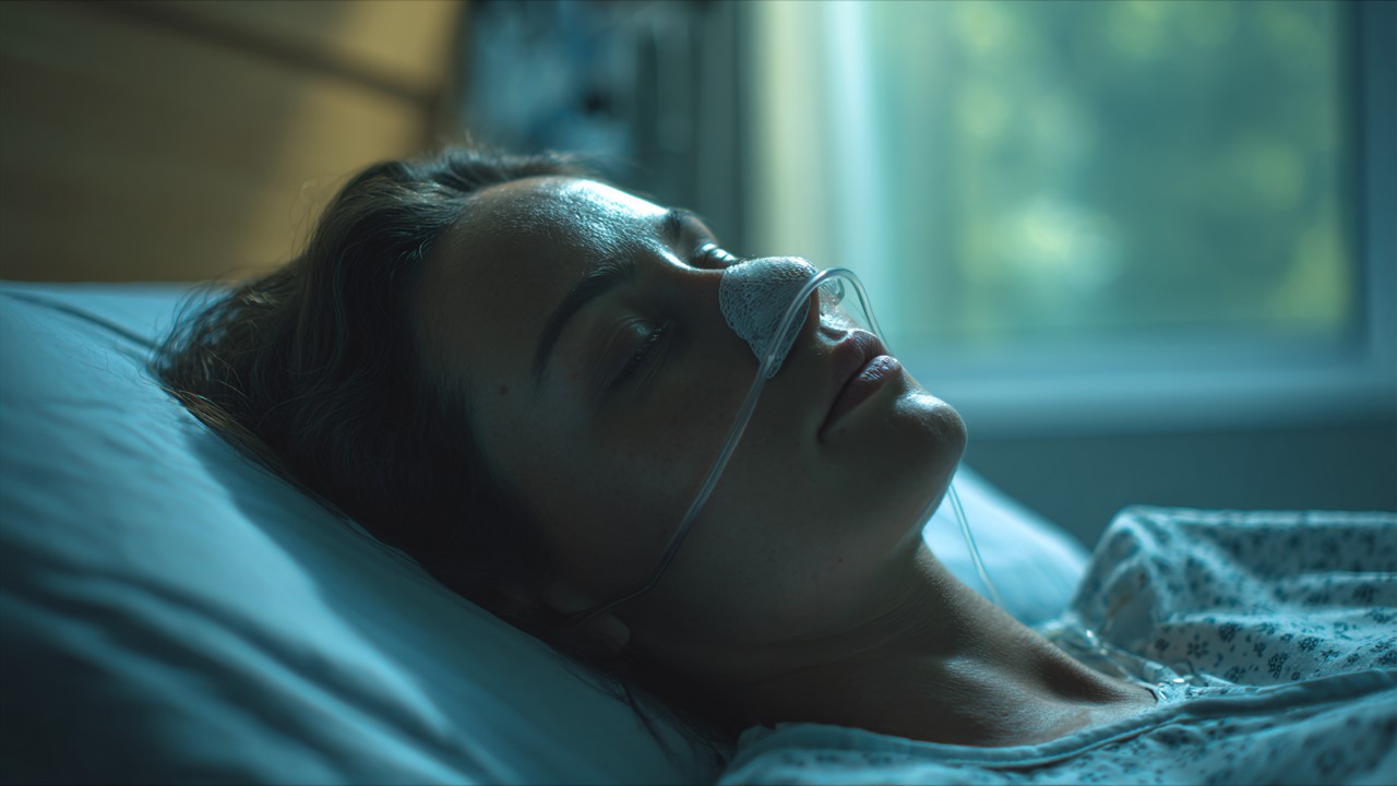 Zachte herstelkamer met patiënt met neuszijn op bed, rustgevend licht, kalme sfeer, post-operatieve zorg en genezing.