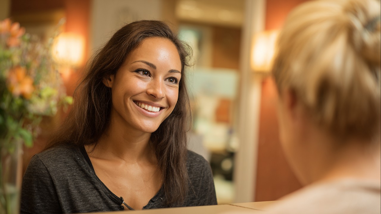 Smiling German-speaking patient interacting with healthcare professional in a cozy, culturally decorated clinic setting.