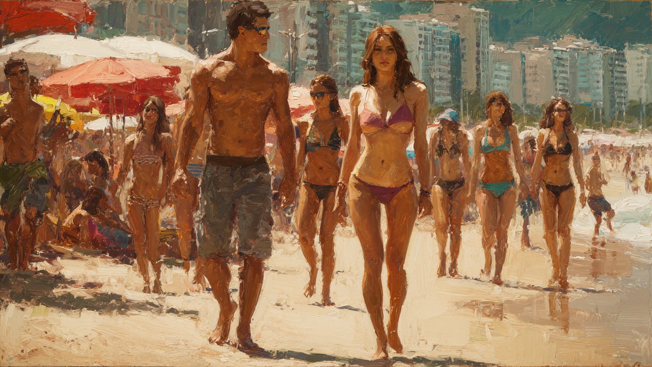 Sunny Brazilian beach scene with diverse people in swimwear, showcasing athletic and curvy body types in a vibrant outdoor setting.